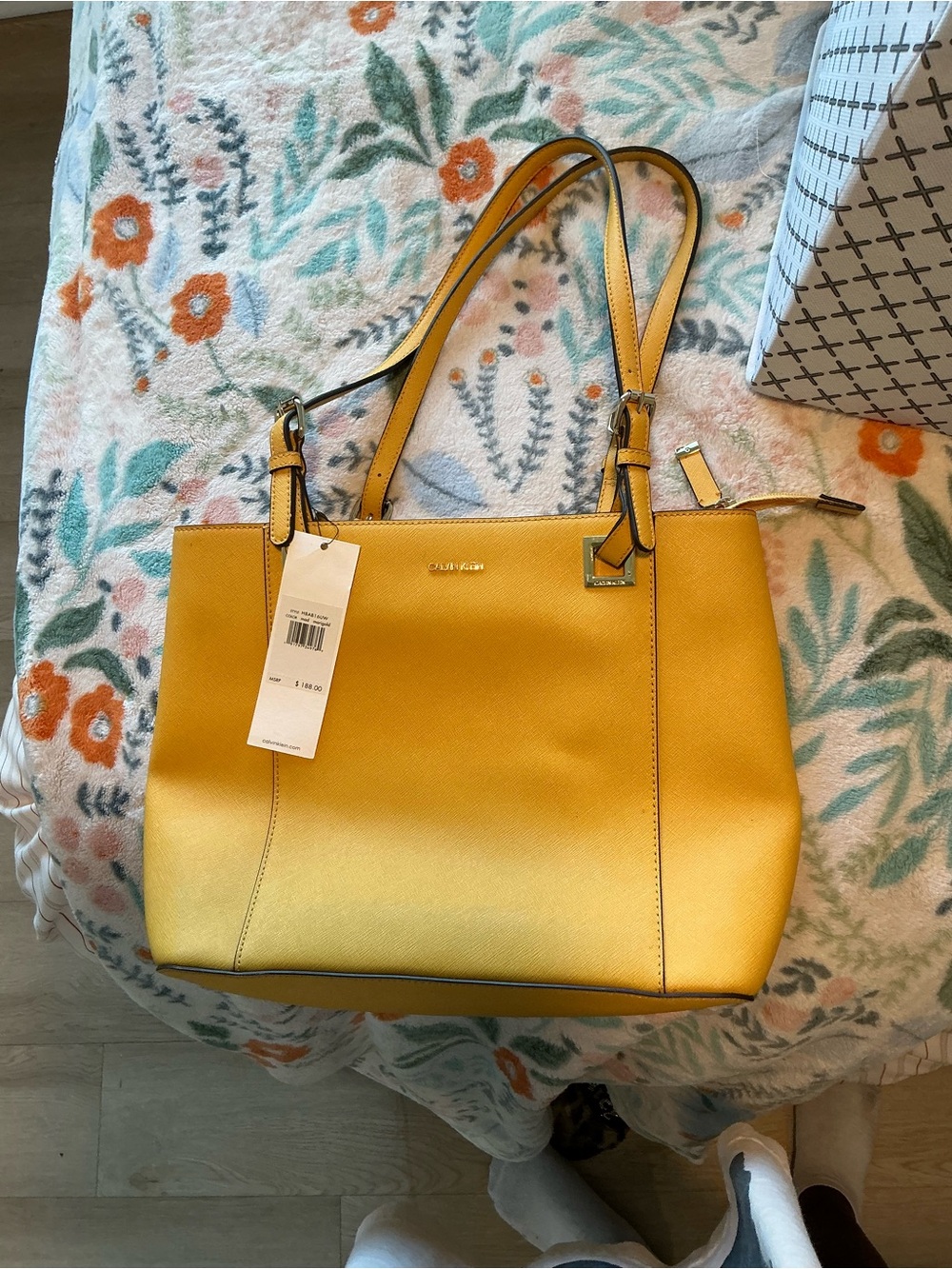 Calvin Klein Yellow Leather Shoulder Tote with Gold Hardware